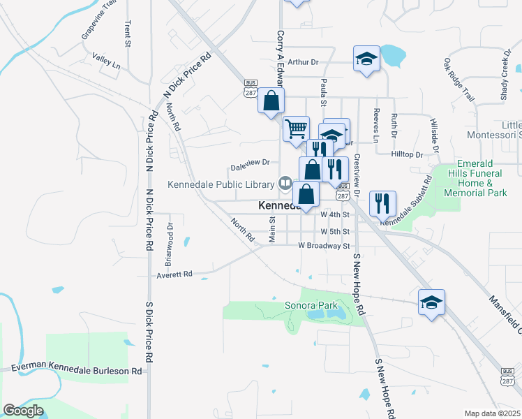 map of restaurants, bars, coffee shops, grocery stores, and more near 201 Main Street in Kennedale