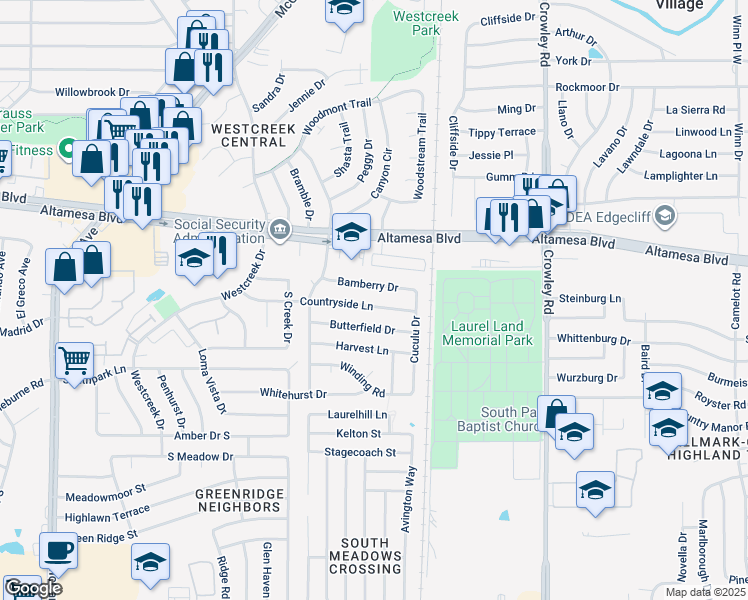 map of restaurants, bars, coffee shops, grocery stores, and more near 2525 Countryside Lane in Fort Worth