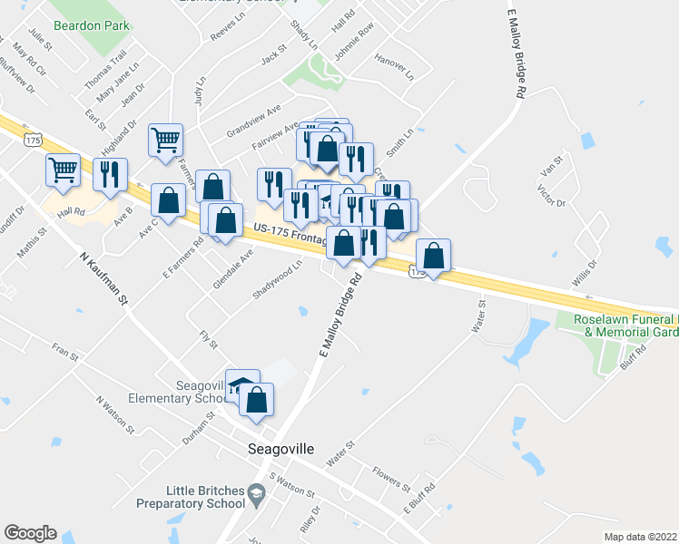 map of restaurants, bars, coffee shops, grocery stores, and more near 105 U.S. 175 Frontage Road in Seagoville