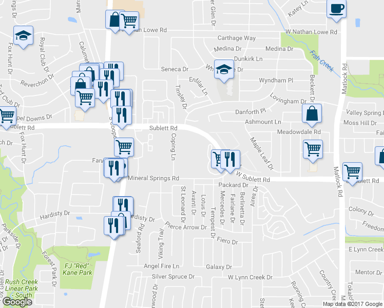 map of restaurants, bars, coffee shops, grocery stores, and more near 1111 Mineral Springs Road in Arlington