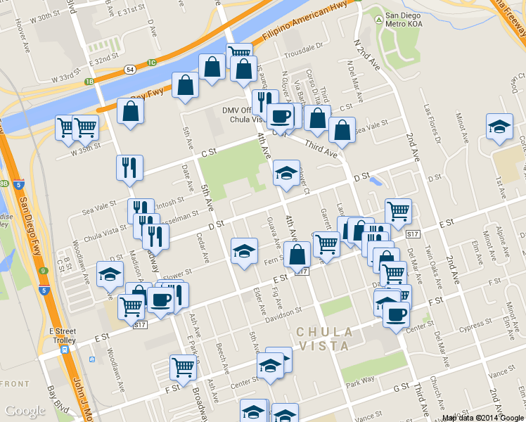 map of restaurants, bars, coffee shops, grocery stores, and more near 115 Brightwood Avenue in Chula Vista