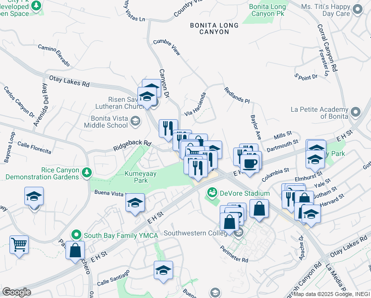 map of restaurants, bars, coffee shops, grocery stores, and more near Otay Lakes Road in Bonita