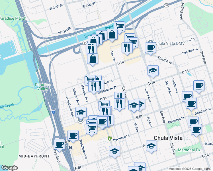 map of restaurants, bars, coffee shops, grocery stores, and more near 546 Casselman Street in Chula Vista