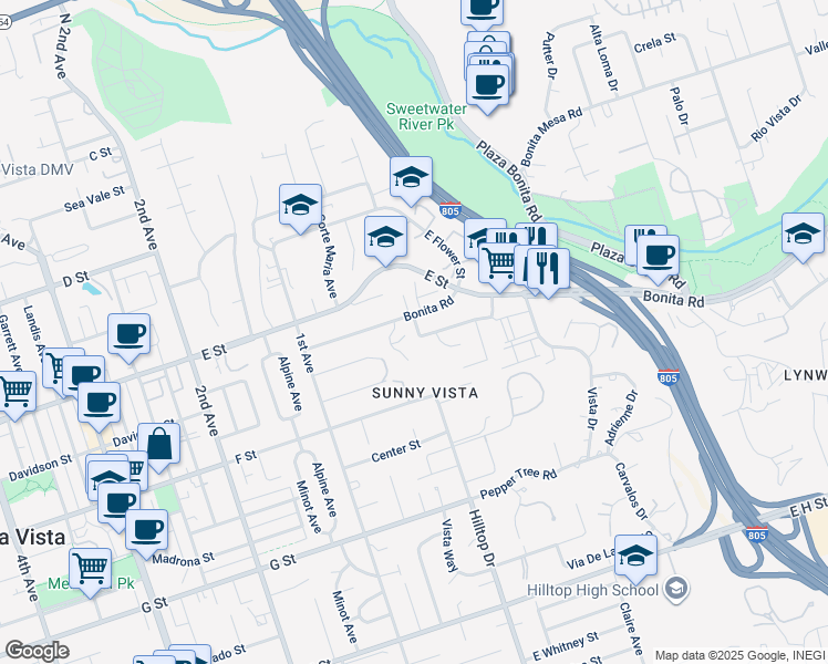 map of restaurants, bars, coffee shops, grocery stores, and more near 276 Hilltop Drive in Chula Vista