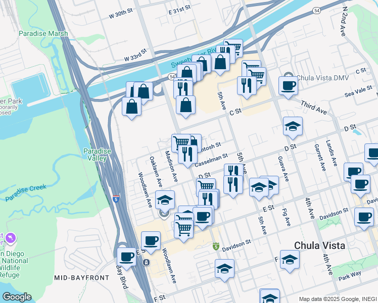 map of restaurants, bars, coffee shops, grocery stores, and more near 45 Broadway in Chula Vista
