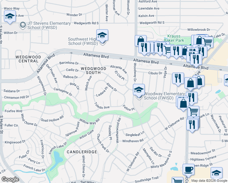 map of restaurants, bars, coffee shops, grocery stores, and more near 4100 Alava Drive in Fort Worth