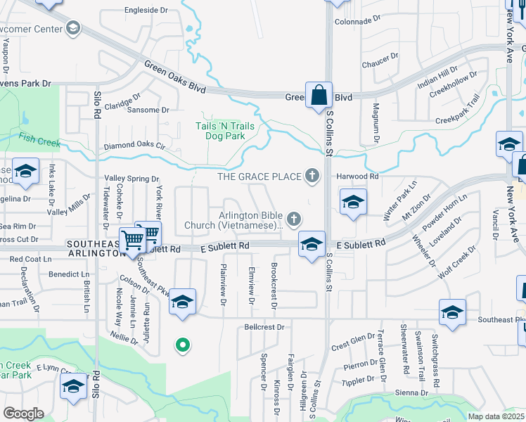 map of restaurants, bars, coffee shops, grocery stores, and more near 6006 Brook Forest Drive in Arlington