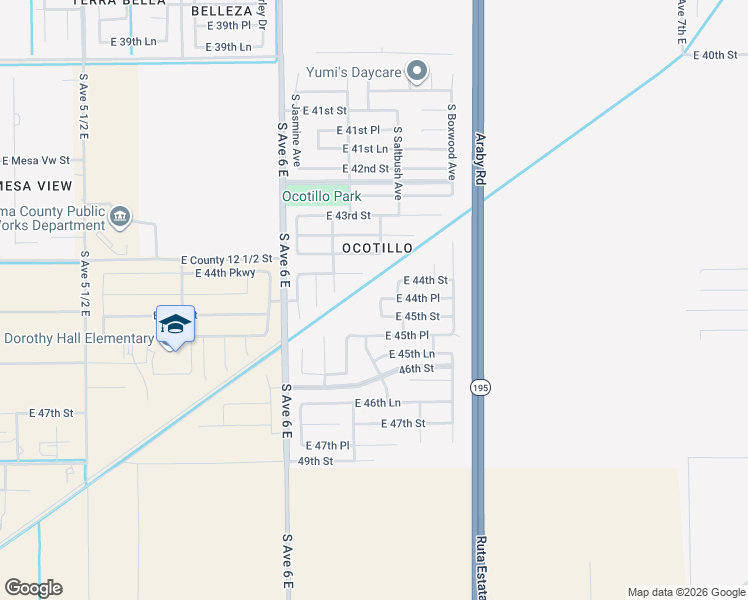 map of restaurants, bars, coffee shops, grocery stores, and more near 6219 East 44th Street in Yuma