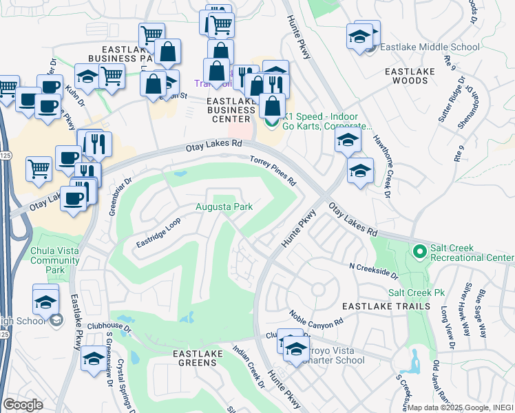 map of restaurants, bars, coffee shops, grocery stores, and more near 1038 Park Meadows Road in Chula Vista