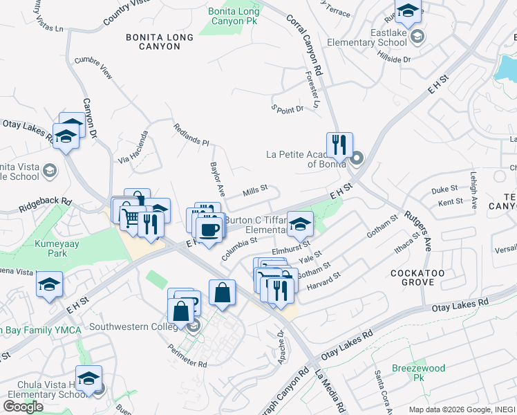 map of restaurants, bars, coffee shops, grocery stores, and more near 1638 Mills Street in Chula Vista