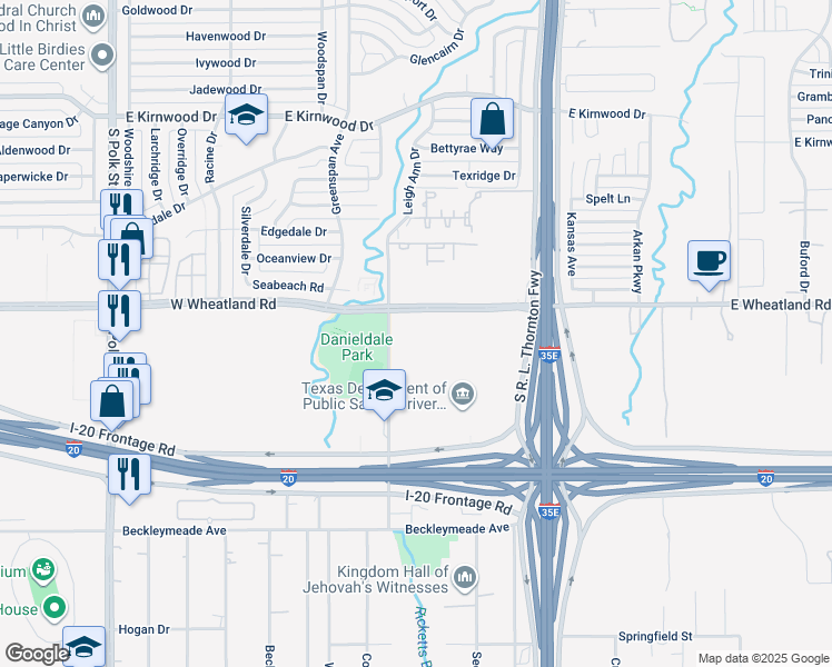 map of restaurants, bars, coffee shops, grocery stores, and more near 394-416 West Wheatland Road in Dallas