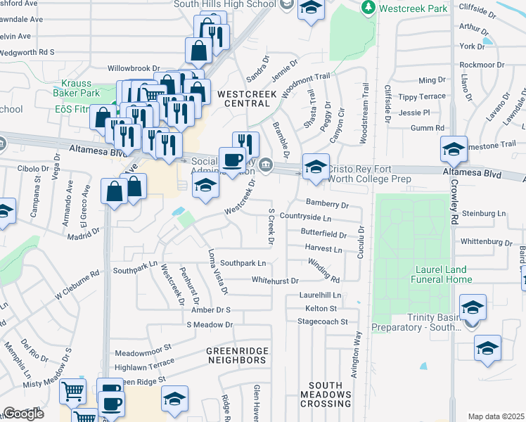 map of restaurants, bars, coffee shops, grocery stores, and more near 6611 South Creek Drive in Fort Worth