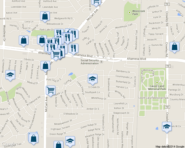 map of restaurants, bars, coffee shops, grocery stores, and more near 3025 Altamesa Boulevard in Fort Worth