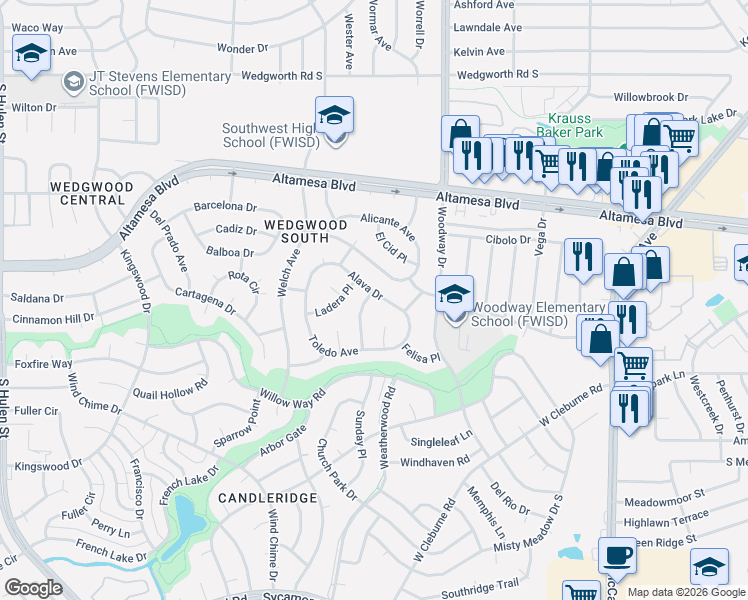 map of restaurants, bars, coffee shops, grocery stores, and more near 4100 Alava Drive in Fort Worth