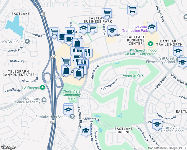 map of restaurants, bars, coffee shops, grocery stores, and more near 2344 Greenbriar Drive in Chula Vista