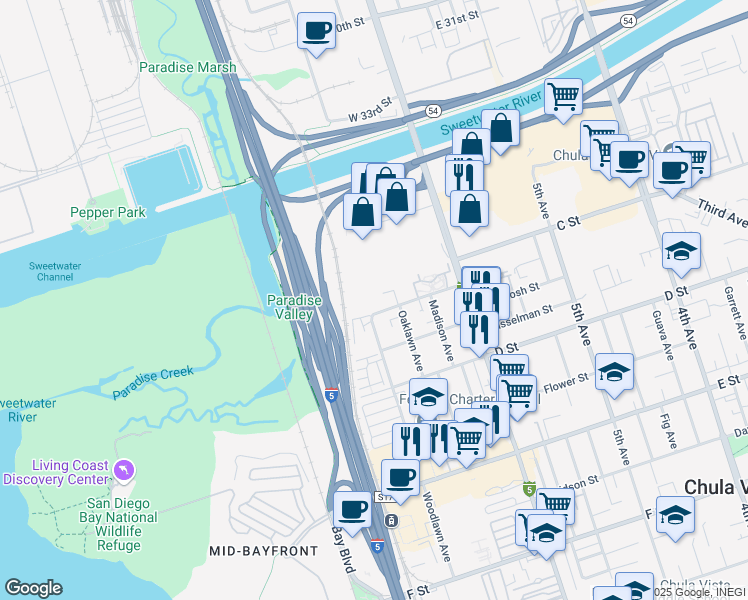 map of restaurants, bars, coffee shops, grocery stores, and more near 695 Sea Vale Street in Chula Vista