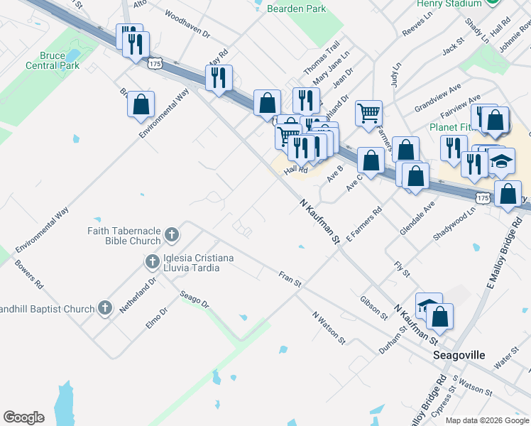 map of restaurants, bars, coffee shops, grocery stores, and more near 107 Mathis Street in Seagoville