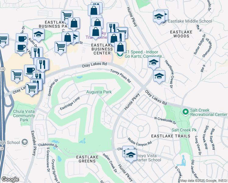 map of restaurants, bars, coffee shops, grocery stores, and more near 1038 Park Meadows Road in Chula Vista