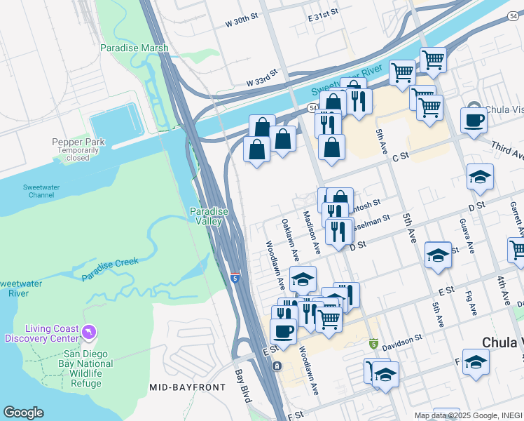 map of restaurants, bars, coffee shops, grocery stores, and more near 695 Sea Vale Street in Chula Vista