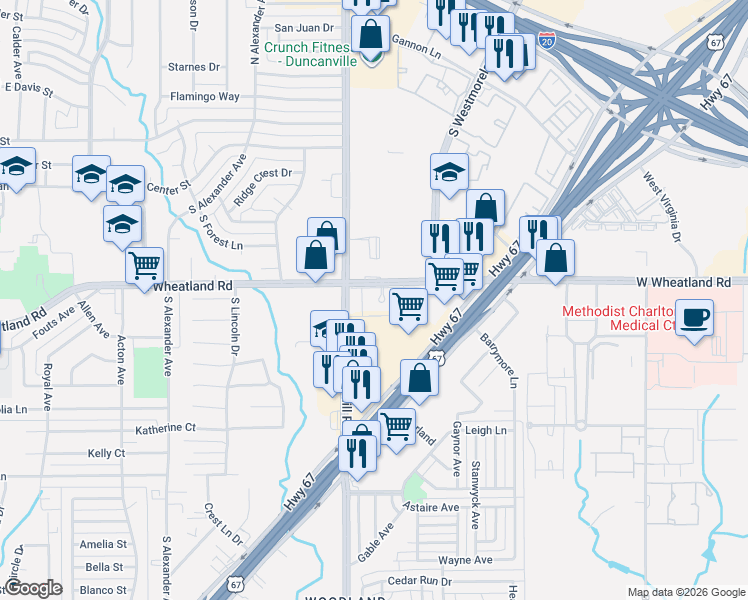 map of restaurants, bars, coffee shops, grocery stores, and more near 607 Wembley Circle in Duncanville