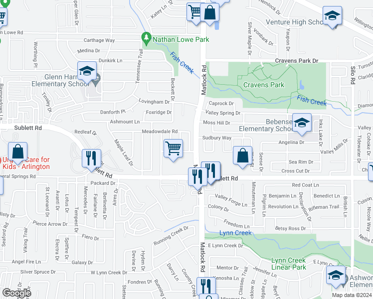 map of restaurants, bars, coffee shops, grocery stores, and more near 6018 Meadowdale Road in Arlington