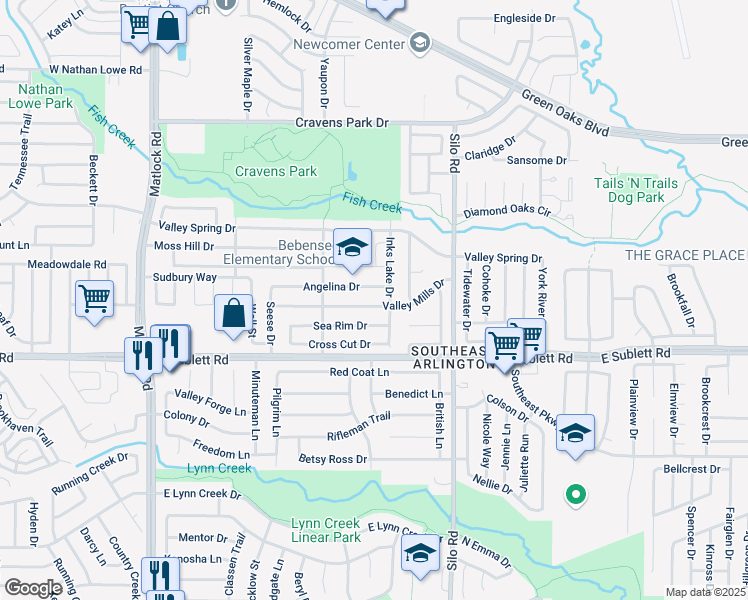 map of restaurants, bars, coffee shops, grocery stores, and more near 528 Angelina Drive in Arlington