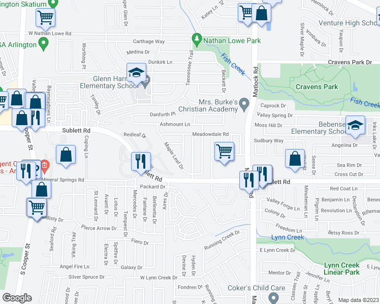 map of restaurants, bars, coffee shops, grocery stores, and more near 6016 Meadowside Trail in Arlington
