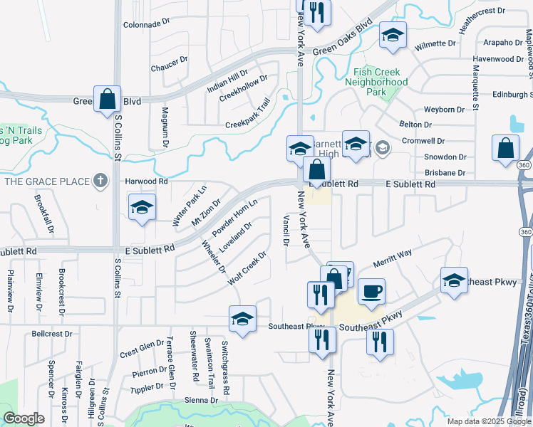 map of restaurants, bars, coffee shops, grocery stores, and more near 1801 Wolf Creek Drive in Arlington