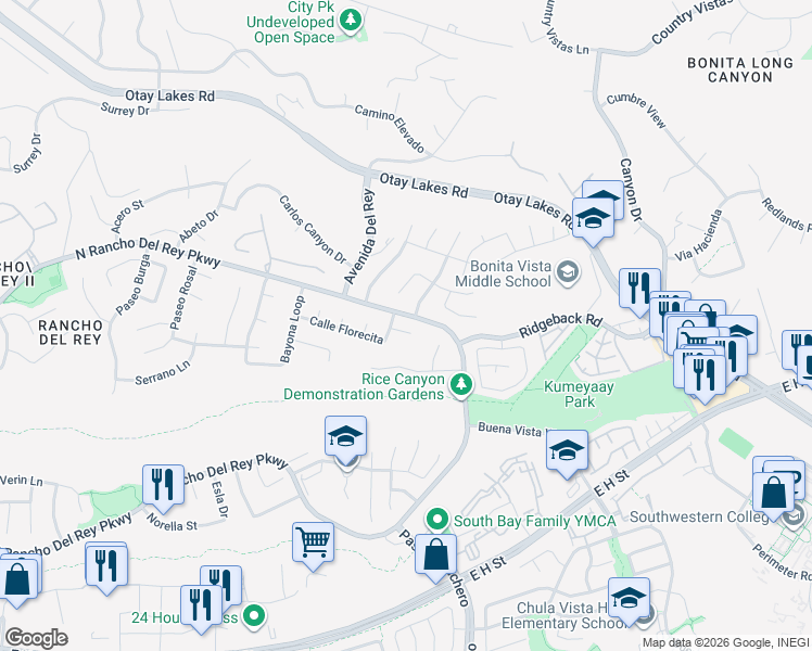 map of restaurants, bars, coffee shops, grocery stores, and more near 659 Rosita Court in Chula Vista