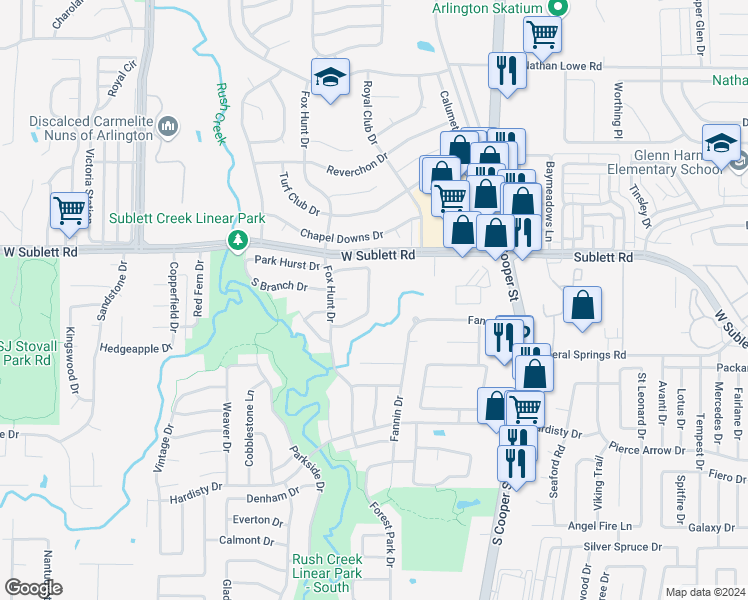 map of restaurants, bars, coffee shops, grocery stores, and more near 6101 Pinwood Circle in Arlington