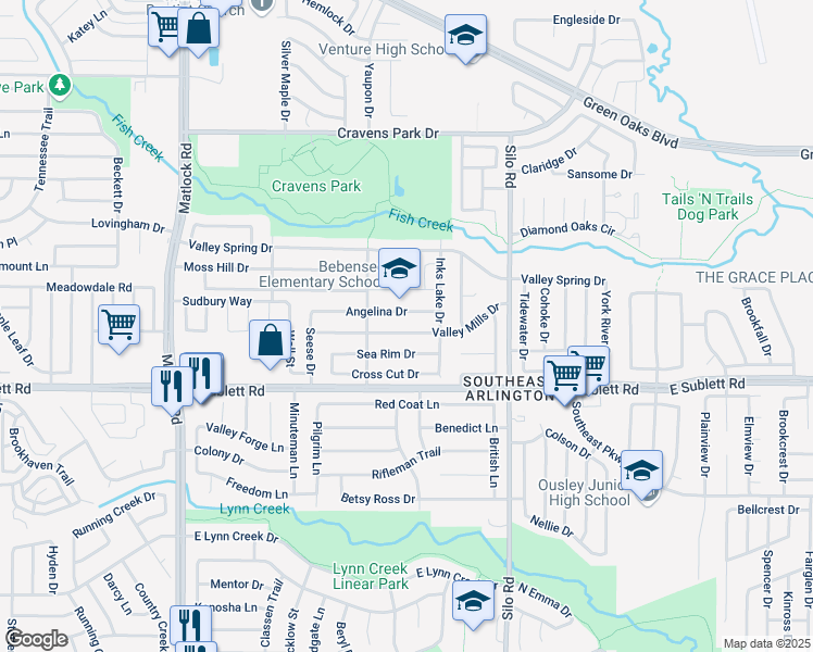 map of restaurants, bars, coffee shops, grocery stores, and more near 519 Valley Mills Drive in Arlington