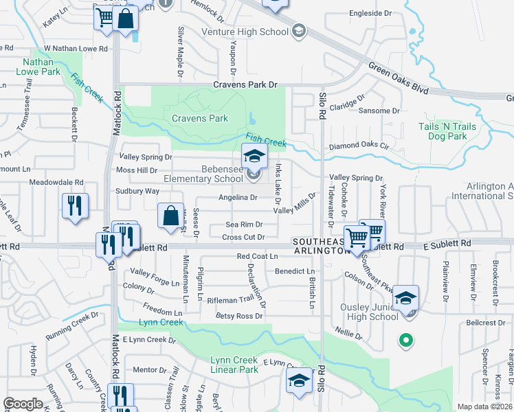 map of restaurants, bars, coffee shops, grocery stores, and more near 519 Valley Mills Drive in Arlington