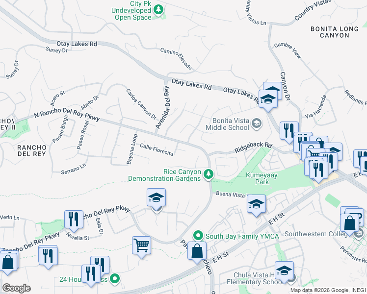 map of restaurants, bars, coffee shops, grocery stores, and more near 659 Rosita Court in Chula Vista