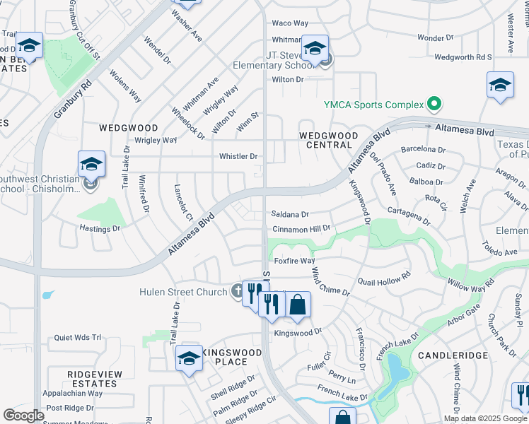 map of restaurants, bars, coffee shops, grocery stores, and more near 4701 Altamesa Boulevard in Fort Worth