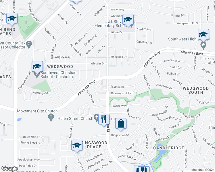 map of restaurants, bars, coffee shops, grocery stores, and more near 6830 South Hulen Street in Fort Worth