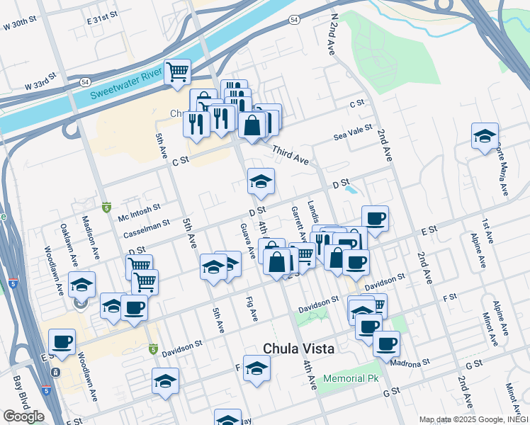 map of restaurants, bars, coffee shops, grocery stores, and more near 381 D Street in Chula Vista