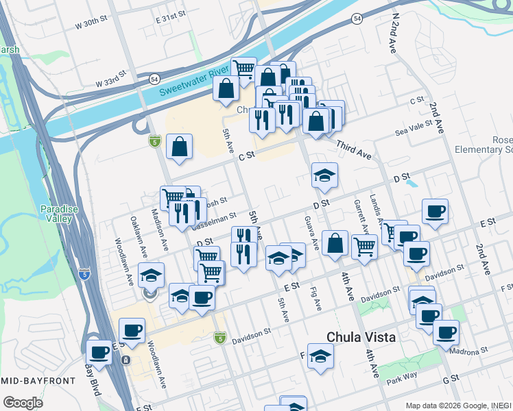 map of restaurants, bars, coffee shops, grocery stores, and more near 50 Monte Vista Avenue in Chula Vista