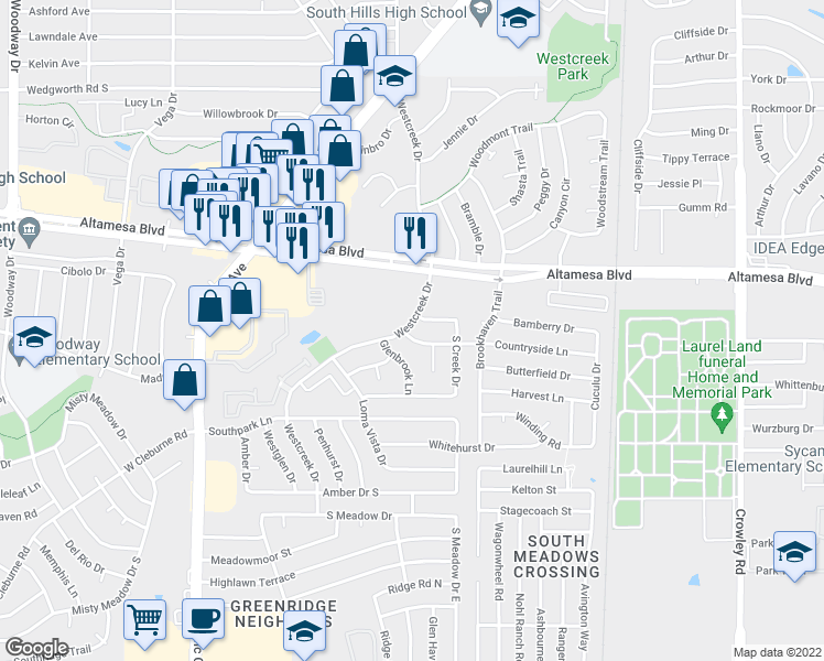 map of restaurants, bars, coffee shops, grocery stores, and more near 3025 Altamesa Boulevard in Fort Worth