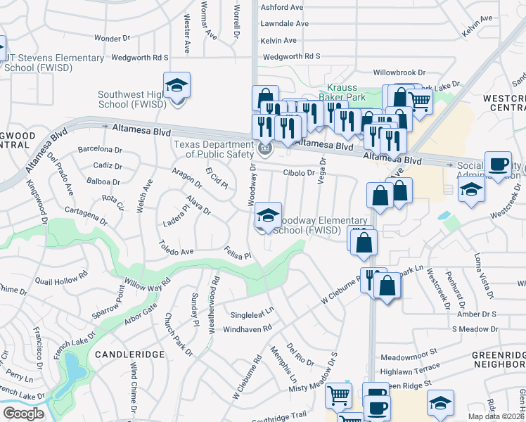 map of restaurants, bars, coffee shops, grocery stores, and more near 6609 Woodway Drive in Fort Worth