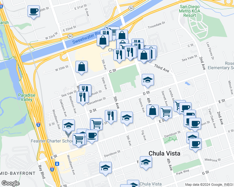 map of restaurants, bars, coffee shops, grocery stores, and more near 50 Monte Vista Avenue in Chula Vista