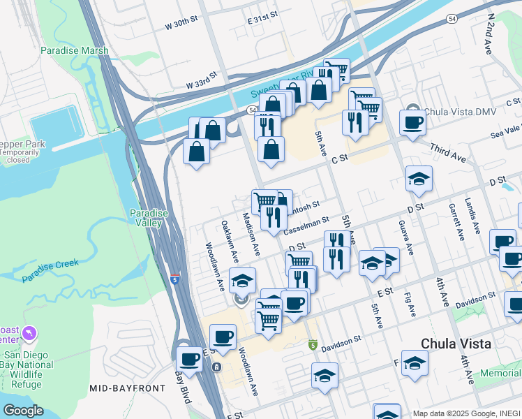 map of restaurants, bars, coffee shops, grocery stores, and more near 26 Sea Vale Street in Chula Vista