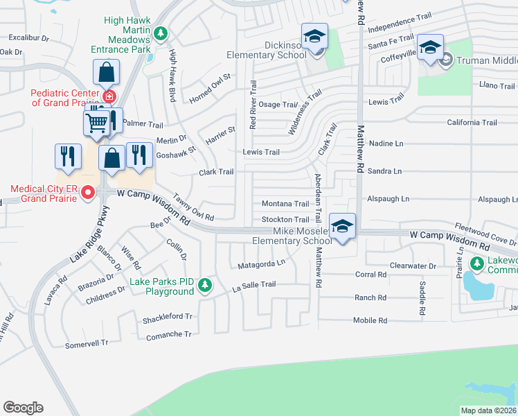 map of restaurants, bars, coffee shops, grocery stores, and more near 2106 Montana Trail in Grand Prairie