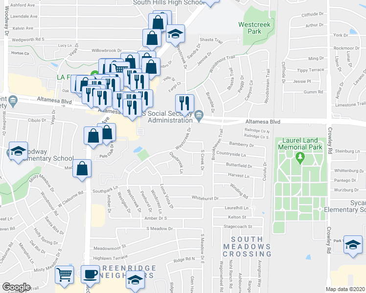 map of restaurants, bars, coffee shops, grocery stores, and more near 3025 Altamesa Boulevard in Fort Worth