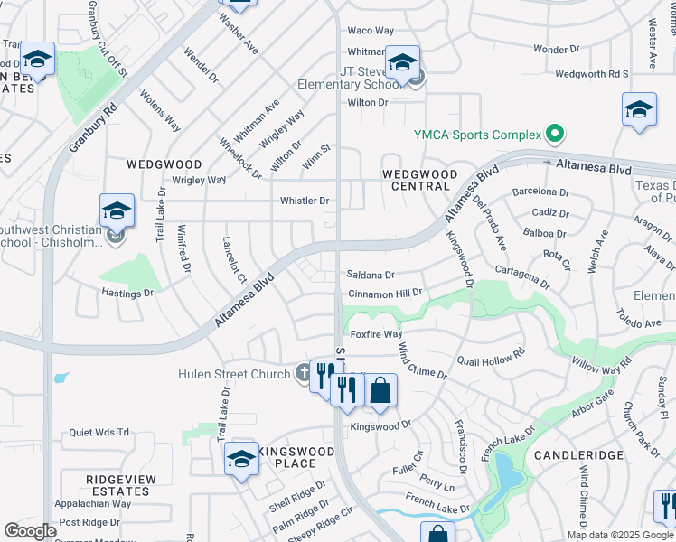 map of restaurants, bars, coffee shops, grocery stores, and more near 4701 Altamesa Boulevard in Fort Worth