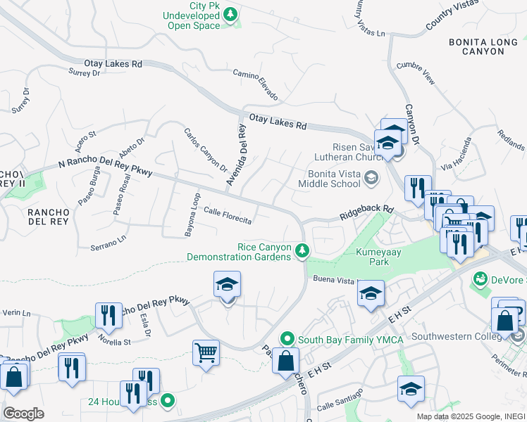 map of restaurants, bars, coffee shops, grocery stores, and more near 1208 Positas Road in Chula Vista