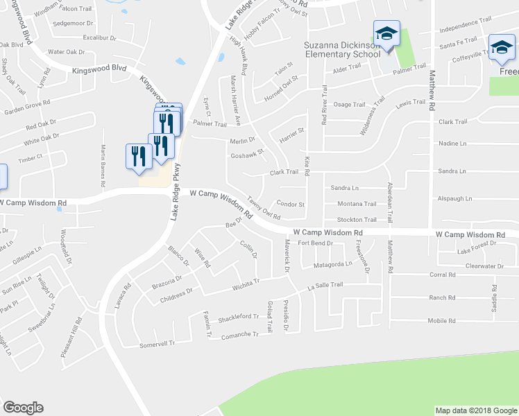 map of restaurants, bars, coffee shops, grocery stores, and more near 2298 Tawny Owl Road in Grand Prairie