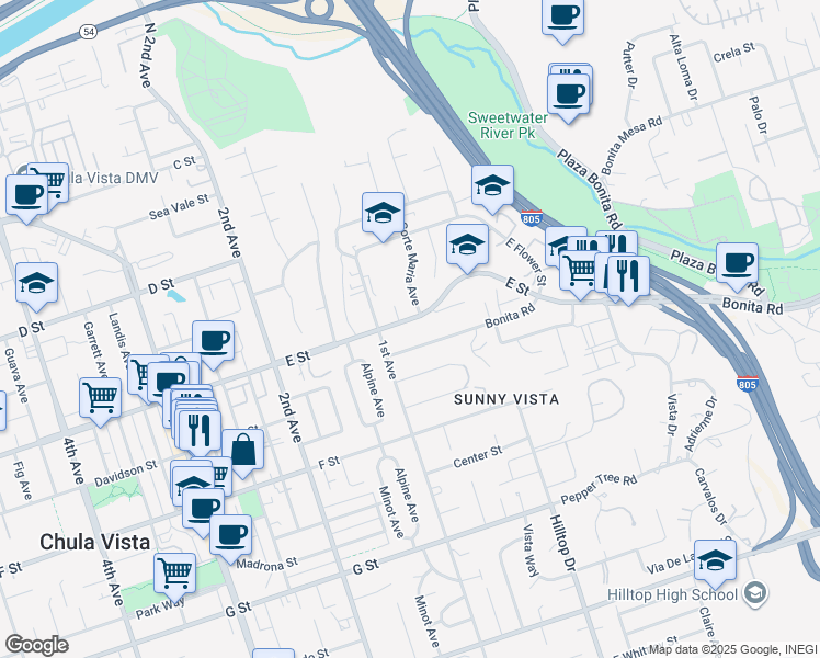 map of restaurants, bars, coffee shops, grocery stores, and more near 74 E Street in Chula Vista