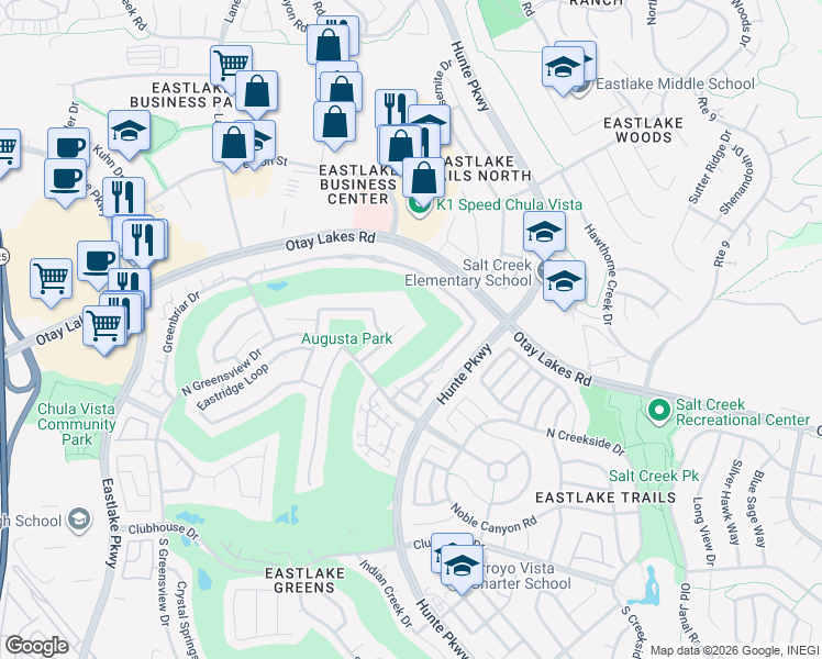 map of restaurants, bars, coffee shops, grocery stores, and more near 1035 Park Meadows Road in Chula Vista