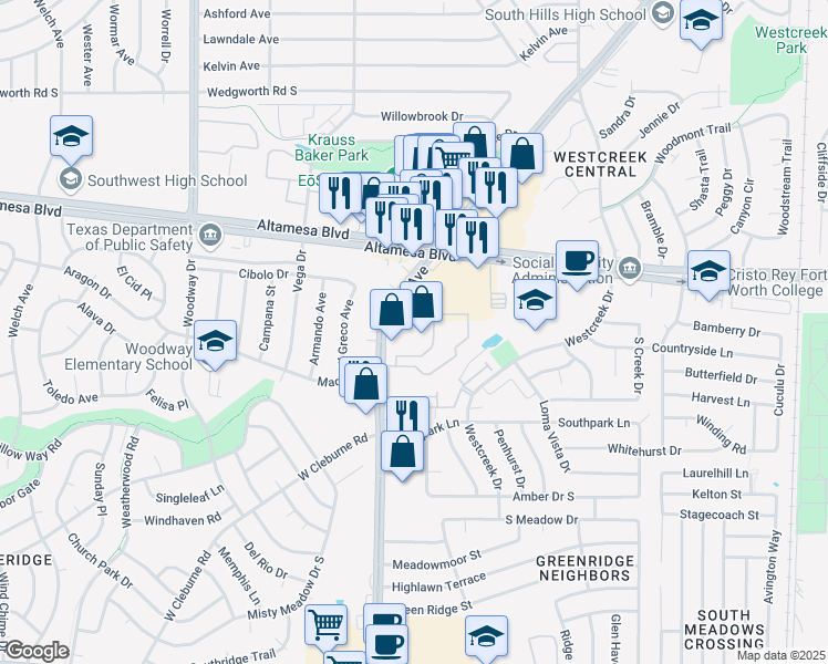 map of restaurants, bars, coffee shops, grocery stores, and more near 3251 Polo Club Drive North in Fort Worth