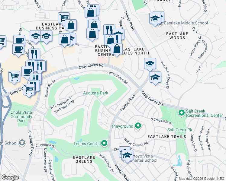 map of restaurants, bars, coffee shops, grocery stores, and more near 1035 Park Meadows Road in Chula Vista